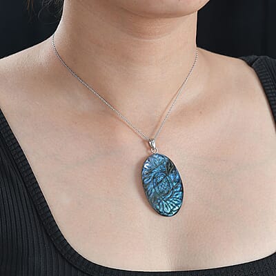 Malagasy Labradorite Carved Flower 75.00 ctw Pendant Necklace in Sterling Silver 20 Inches