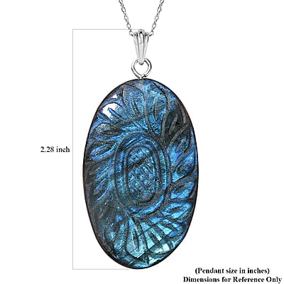 Malagasy Labradorite Carved Flower 75.00 ctw Pendant Necklace in Sterling Silver 20 Inches