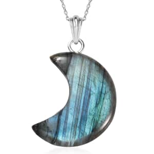 Malagasy Labradorite 50.00 ctw Moon Shape Pendant Necklace in Sterling Silver 20 Inches (Del. in 10-12 Days) 