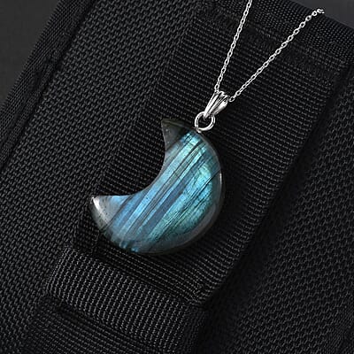 Malagasy Labradorite 50.00 ctw Moon Shape Pendant Necklace in Sterling Silver 20 Inches