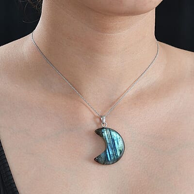 Malagasy Labradorite 50.00 ctw Moon Shape Pendant Necklace in Sterling Silver 20 Inches