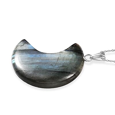 Malagasy Labradorite 50.00 ctw Moon Shape Pendant Necklace in Sterling Silver 20 Inches