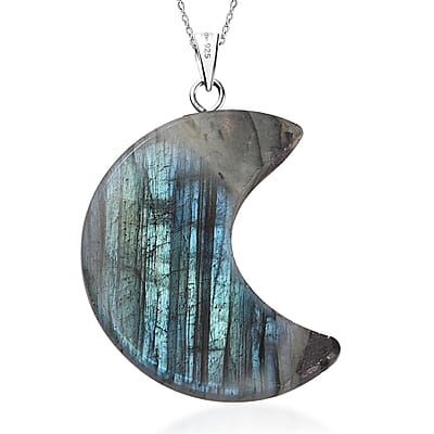 Malagasy Labradorite 50.00 ctw Moon Shape Pendant Necklace in Sterling Silver 20 Inches