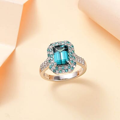 Certified & Appraised Rhapsody AAAA Pirineu Lagoon Tourmaline, Paraiba Tourmaline and E-F VS2 Diamond 3.65 ctw Ring in 950 Platinum (Size  10.0) 7.20 Grams