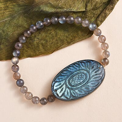 Malagasy Labradorite Carved 108.00 ctw Beaded Stretch Bracelet