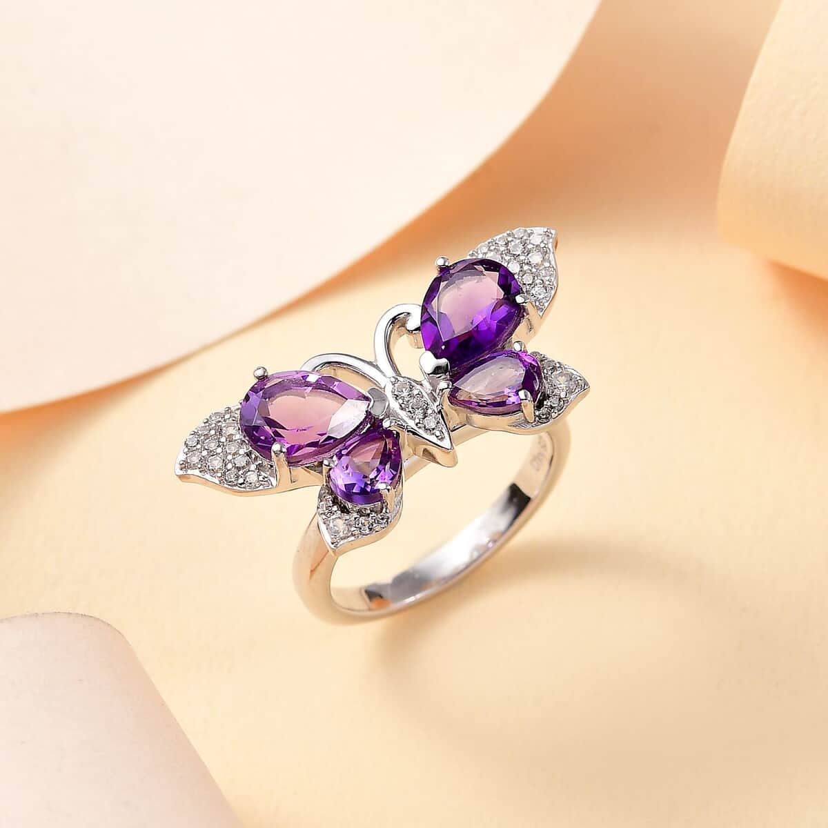 African Amethyst and Multi Gemstone 3.25 ctw Butterfly Ring in Platinum Over Sterling Silver (Size 10.0) image number 1