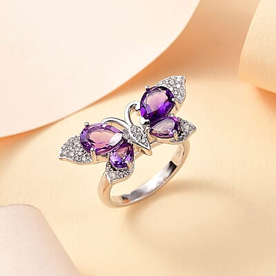 African Amethyst and Multi Gemstone 3.25 ctw Butterfly Ring in Platinum Over Sterling Silver (Size 10.0)