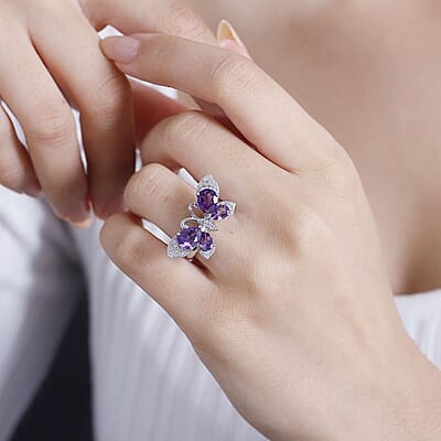 African Amethyst and Multi Gemstone 3.25 ctw Butterfly Ring in Platinum Over Sterling Silver (Size 10.0)
