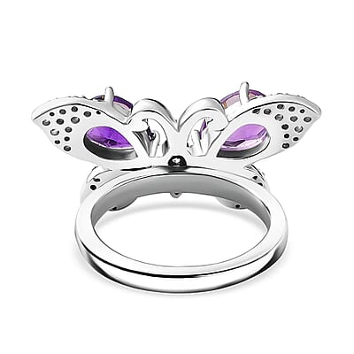 African Amethyst and Multi Gemstone 3.25 ctw Butterfly Ring in Platinum Over Sterling Silver (Size 10.0)