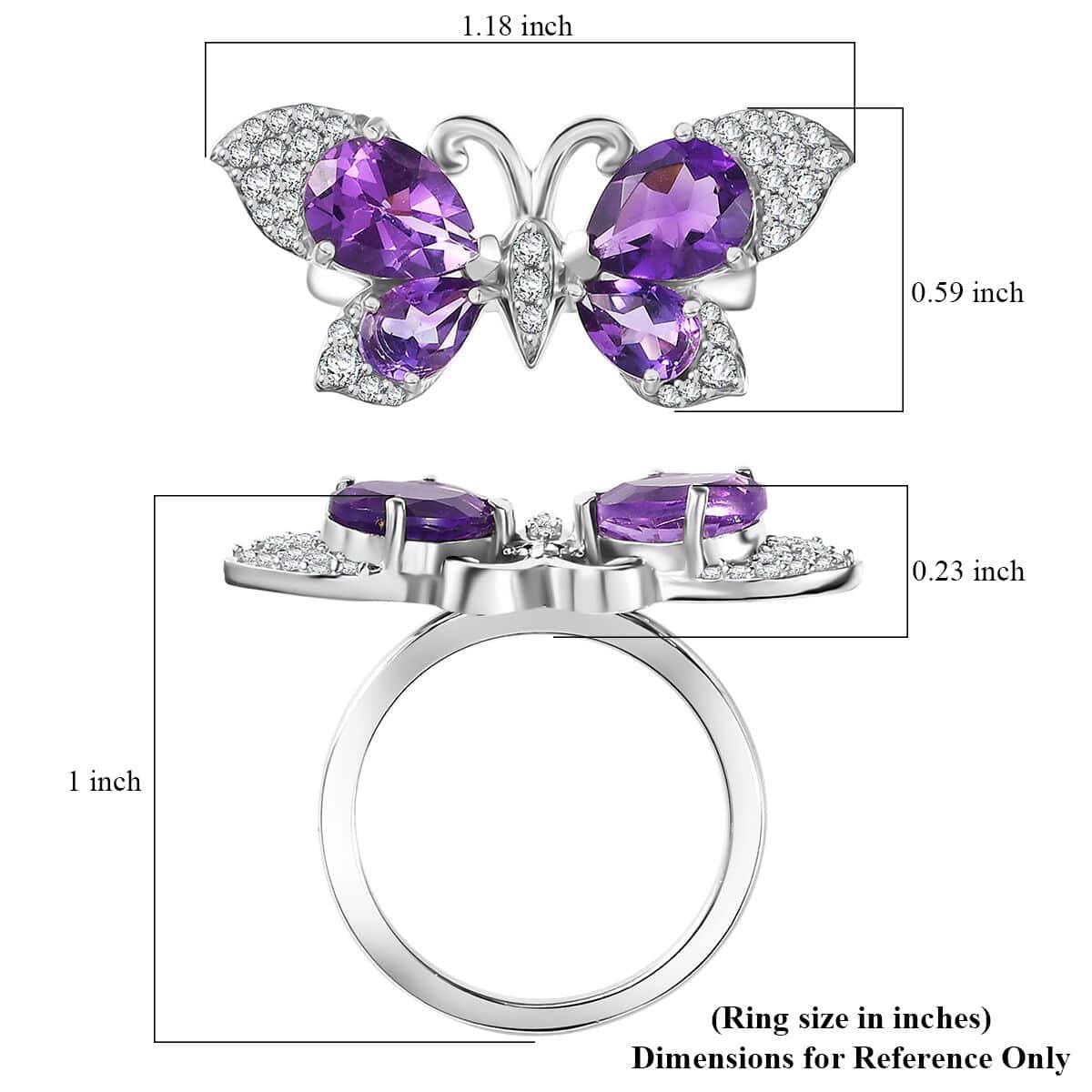 African Amethyst and Multi Gemstone 3.25 ctw Butterfly Ring in Platinum Over Sterling Silver (Size 10.0) image number 5