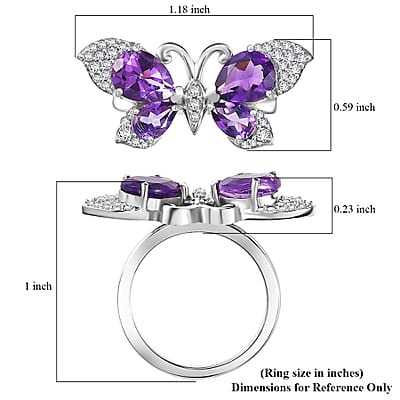 African Amethyst and Multi Gemstone 3.25 ctw Butterfly Ring in Platinum Over Sterling Silver (Size 10.0)
