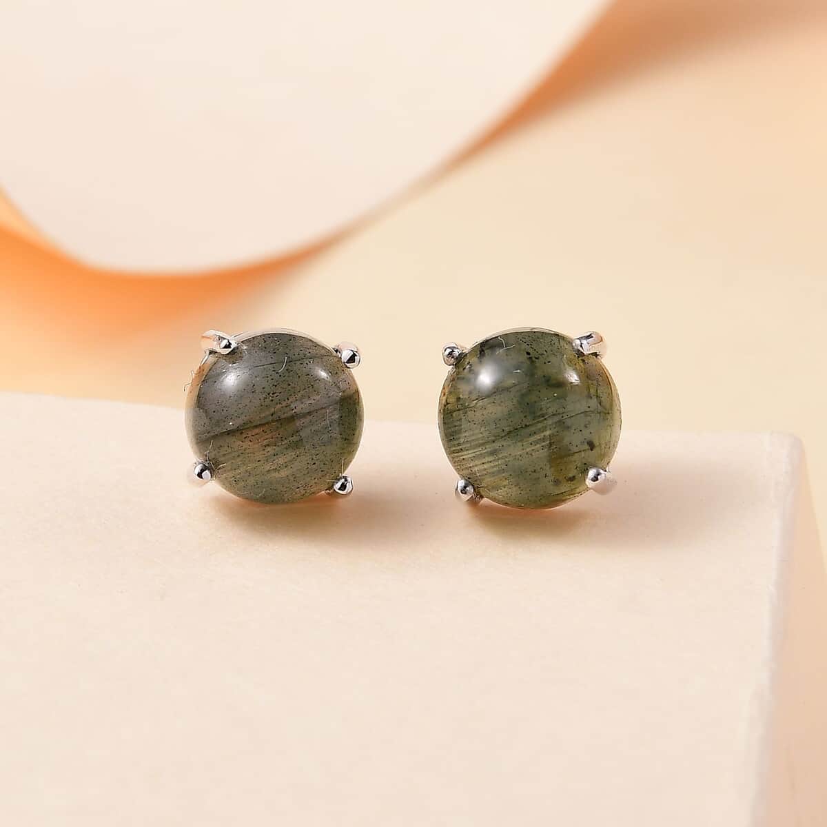 Malagasy Labradorite 4.80 ctw Solitaire Stud Earrings in Rhodium Over Sterling Silver image number 1