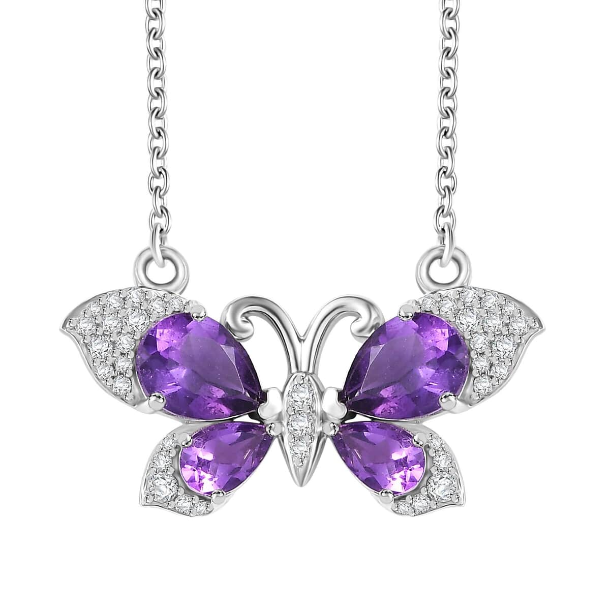 African Amethyst and Multi Gemstone 3.20 ctw Butterfly Necklace in Platinum Over Sterling Silver & Stainless Steel Chain 18 Inches image number 0