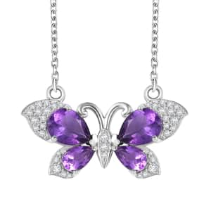 African Amethyst and Multi Gemstone 3.20 ctw Butterfly Necklace in Platinum Over Sterling Silver & Stainless Steel Chain 18 Inches