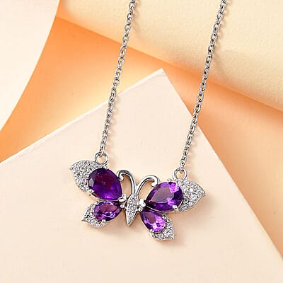 African Amethyst and Multi Gemstone 3.20 ctw Butterfly Necklace in Platinum Over Sterling Silver & Stainless Steel Chain 18 Inches