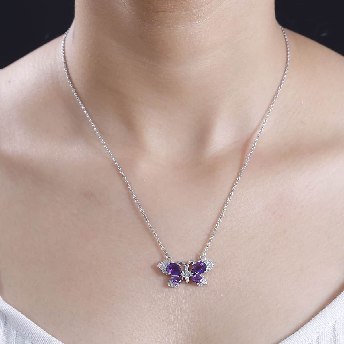 African Amethyst and Multi Gemstone 3.20 ctw Butterfly Necklace in Platinum Over Sterling Silver & Stainless Steel Chain 18 Inches image number 2