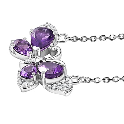 African Amethyst and Multi Gemstone 3.20 ctw Butterfly Necklace in Platinum Over Sterling Silver & Stainless Steel Chain 18 Inches