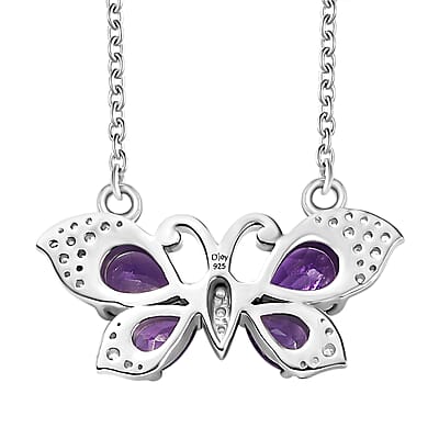 African Amethyst and Multi Gemstone 3.20 ctw Butterfly Necklace in Platinum Over Sterling Silver & Stainless Steel Chain 18 Inches