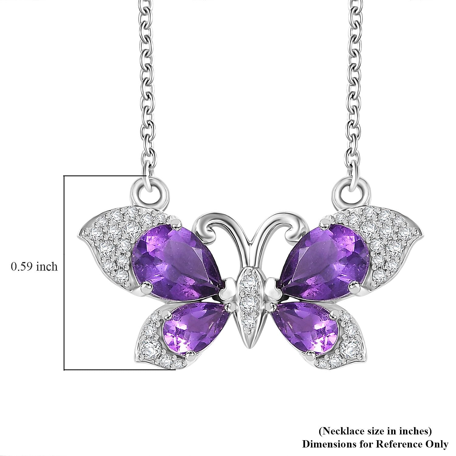 African Amethyst and Multi Gemstone 3.20 ctw Butterfly Necklace in Platinum Over Sterling Silver & Stainless Steel Chain 18 Inches