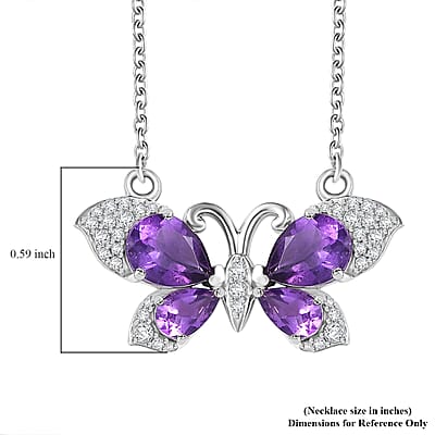 African Amethyst and Multi Gemstone 3.20 ctw Butterfly Necklace in Platinum Over Sterling Silver & Stainless Steel Chain 18 Inches