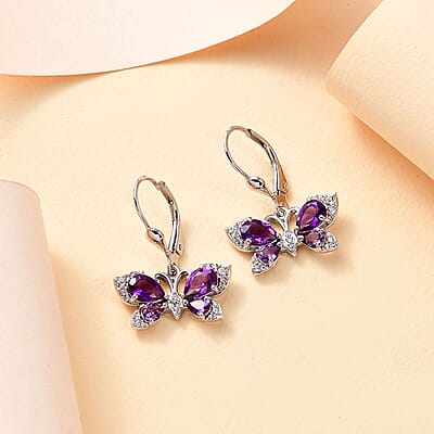 African Amethyst and Multi Gemstone 2.40 ctw Butterfly Lever Back Earrings in Platinum Over Sterling Silver
