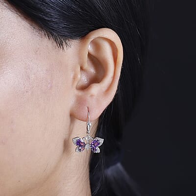 African Amethyst and Multi Gemstone 2.40 ctw Butterfly Lever Back Earrings in Platinum Over Sterling Silver