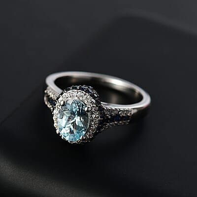 Santa Maria Aquamarine and Multi Gemstone 2.00 ctw Ocean Whisper Ring in Rhodium Over Sterling Silver (Size 10.0)
