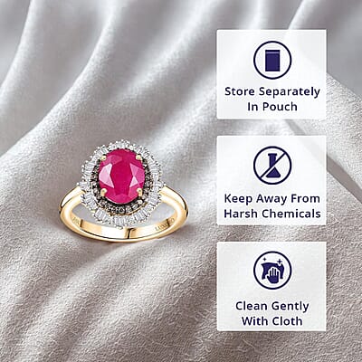 Certified & Appraised Luxoro AAA Royal Ruby, G-H I2 Natural Champagne and White Diamond 3.06 ctw Sunlit Rose Ring in 10K Yellow Gold (Size 5.0)