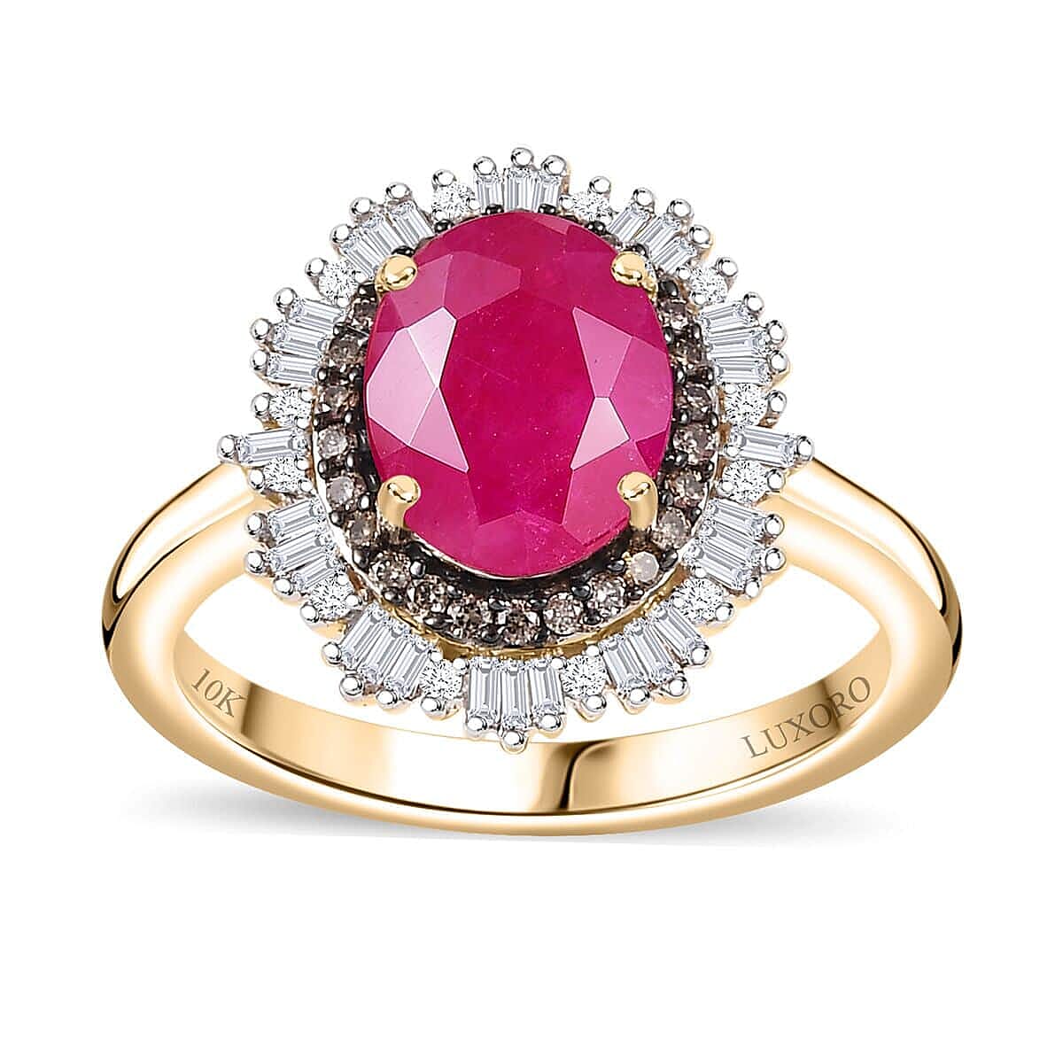 Certified & Appraised Luxoro AAA Royal Ruby, G-H I2 Natural Champagne and White Diamond 3.06 ctw Sunlit Rose Ring in 10K Yellow Gold (Size 6.5) image number 0