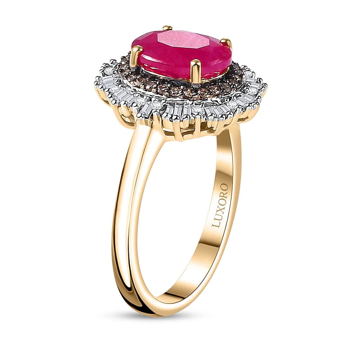 Certified & Appraised Luxoro AAA Royal Ruby, G-H I2 Natural Champagne and White Diamond 3.06 ctw Sunlit Rose Ring in 10K Yellow Gold (Size 6.5) image number 3