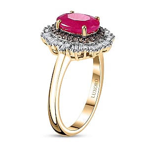 Certified & Appraised Luxoro AAA Royal Ruby, G-H I2 Natural Champagne and White Diamond 3.06 ctw Sunlit Rose Ring in 10K Yellow Gold (Size 6.5)