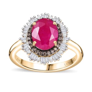 Certified & Appraised Luxoro AAA Royal Ruby, G-H I2 Natural Champagne and White Diamond 3.06 ctw Sunlit Rose Ring in 10K Yellow Gold (Size 7.5)