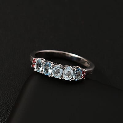 D'Joy Santa Maria Aquamarine and Padparadscha Sapphire 0.90 ctw Ocean Breeze Ring in Rhodium Over Sterling Silver (Size 10.0)