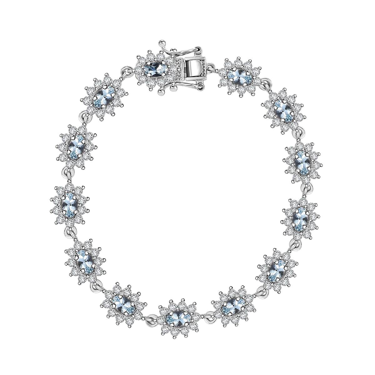 Santa Maria Aquamarine and Moissanite 5.80 ctw Sunburst Bracelet in Rhodium Over Sterling Silver (6.50 In) image number 0