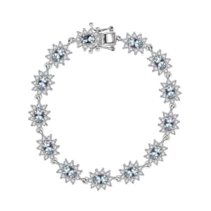 Santa Maria Aquamarine and Moissanite 5.80 ctw Sunburst Bracelet in Rhodium Over Sterling Silver (6.50 In)