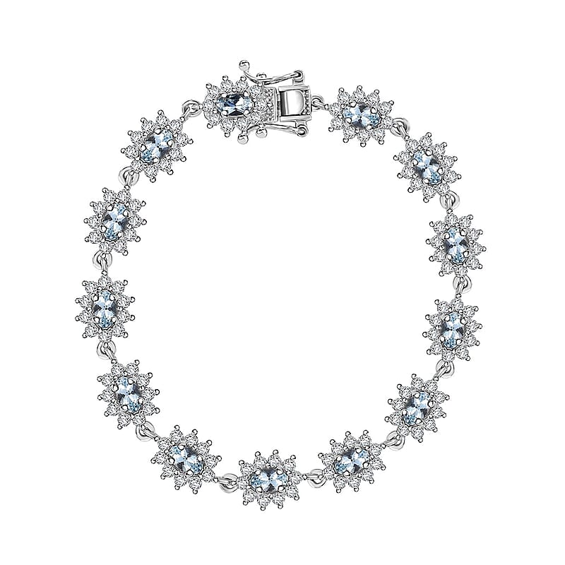 D'Joy Santa Maria Aquamarine and Moissanite 5.80 ctw Sunburst Bracelet in Rhodium Over Sterling Silver (6.50 In)