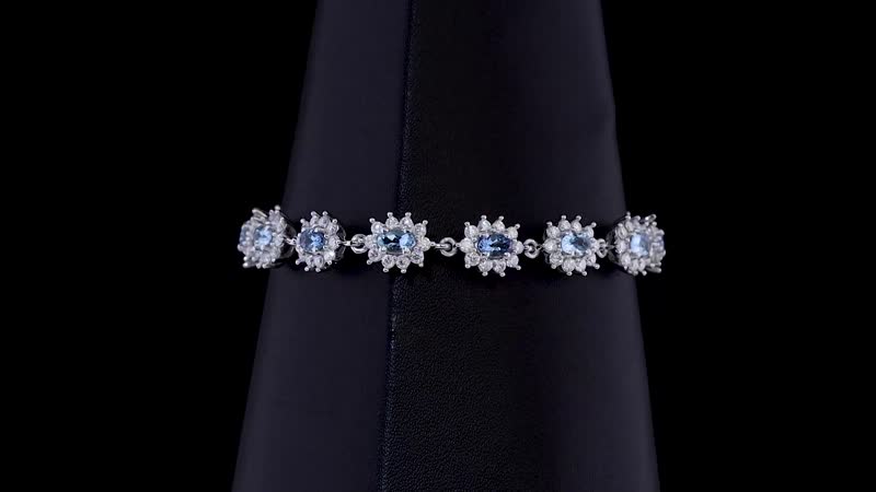 Santa Maria Aquamarine and Moissanite 5.80 ctw Sunburst Bracelet in Rhodium Over Sterling Silver (6.50 In)