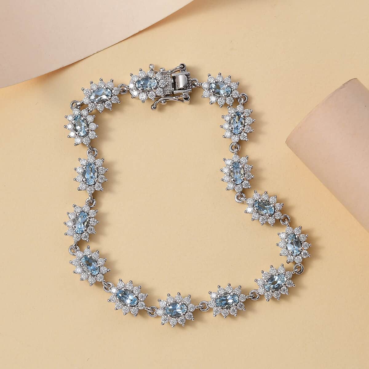 Santa Maria Aquamarine and Moissanite 5.80 ctw Sunburst Bracelet in Rhodium Over Sterling Silver (6.50 In) image number 1