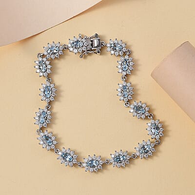 D'Joy Santa Maria Aquamarine and Moissanite 5.80 ctw Sunburst Bracelet in Rhodium Over Sterling Silver (6.50 In)