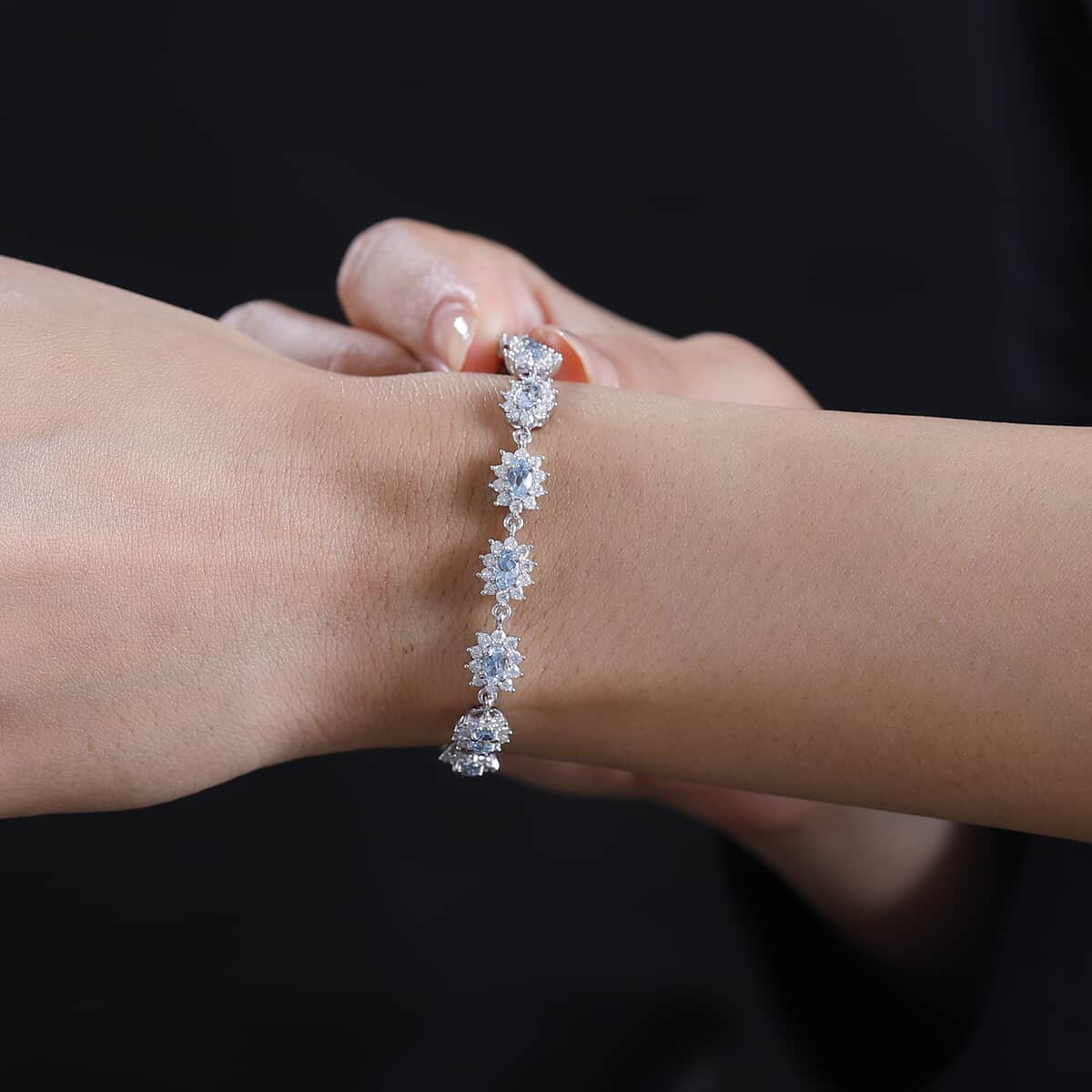 Santa Maria Aquamarine and Moissanite 5.80 ctw Sunburst Bracelet in Rhodium Over Sterling Silver (6.50 In) image number 2