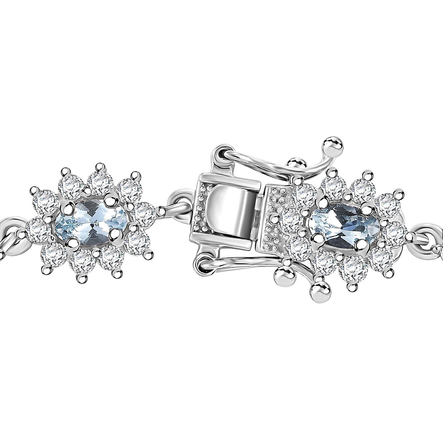 D'Joy Santa Maria Aquamarine and Moissanite 5.80 ctw Sunburst Bracelet in Rhodium Over Sterling Silver (6.50 In)