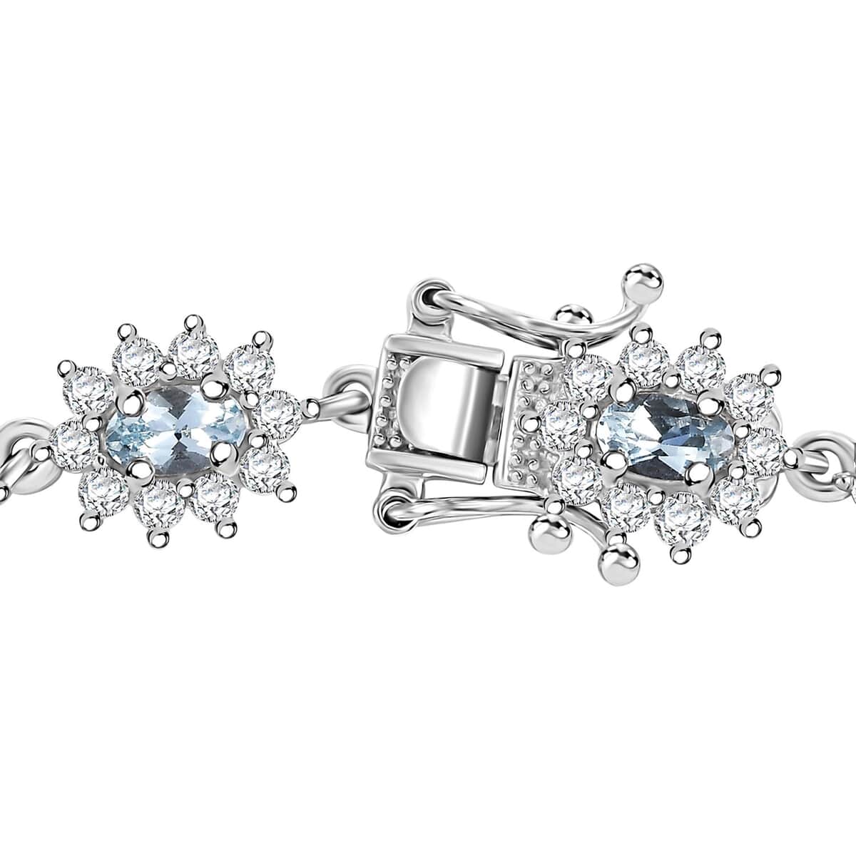 Santa Maria Aquamarine and Moissanite 5.80 ctw Sunburst Bracelet in Rhodium Over Sterling Silver (6.50 In) image number 3