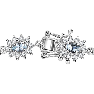 D'Joy Santa Maria Aquamarine and Moissanite 5.80 ctw Sunburst Bracelet in Rhodium Over Sterling Silver (6.50 In)