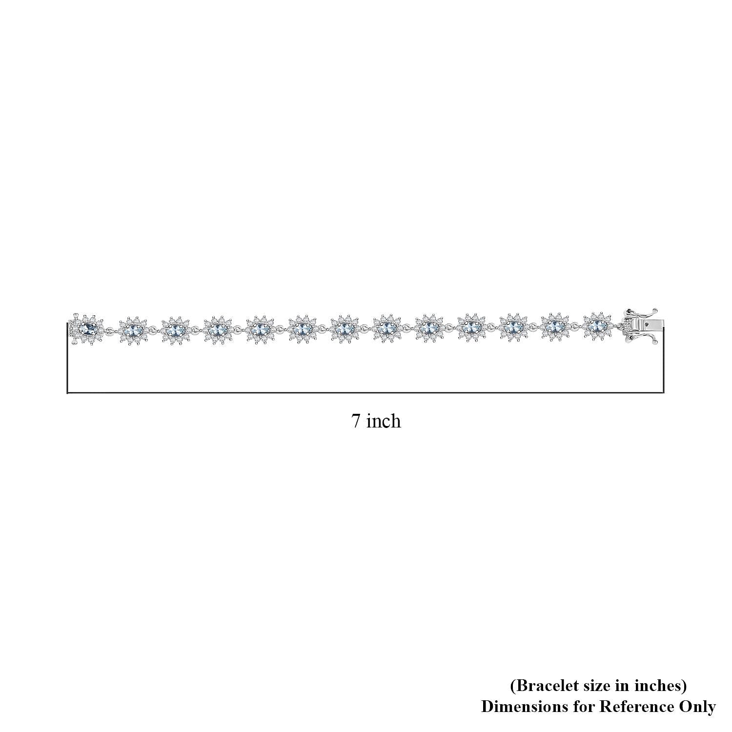 D'Joy Santa Maria Aquamarine and Moissanite 5.80 ctw Sunburst Bracelet in Rhodium Over Sterling Silver (6.50 In)