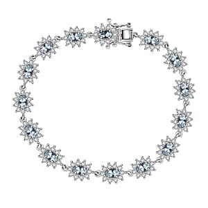 D'Joy Santa Maria Aquamarine and Moissanite 6.20 ctw Sunburst Bracelet in Rhodium Over Sterling Silver (7.25 In)