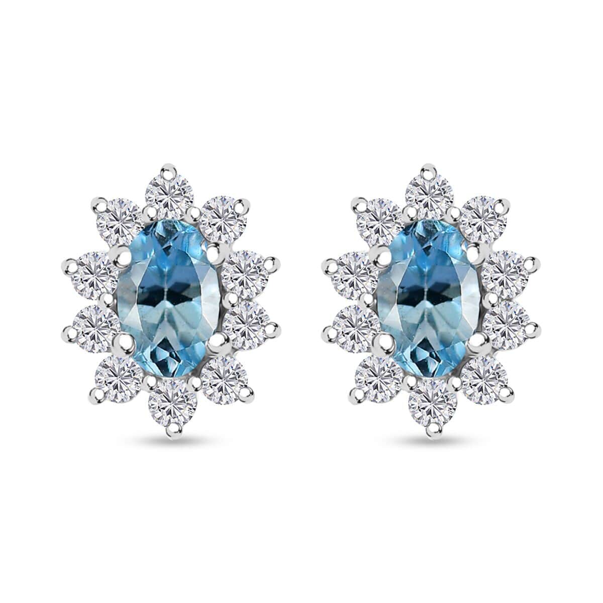 Santa Maria Aquamarine and Moissanite 0.85 ctw Sunburst Earrings in Rhodium Over Sterling Silver image number 0