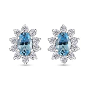 Santa Maria Aquamarine and Moissanite 0.85 ctw Sunburst Earrings in Rhodium Over Sterling Silver