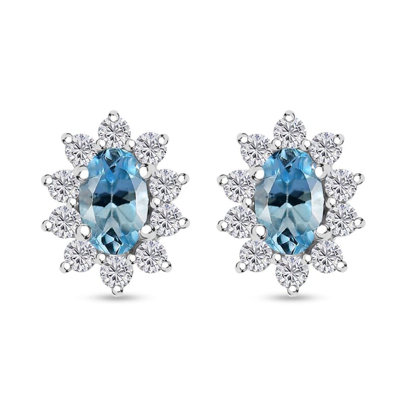 Santa Maria Aquamarine and Moissanite 0.85 ctw Sunburst Earrings in Rhodium Over Sterling Silver