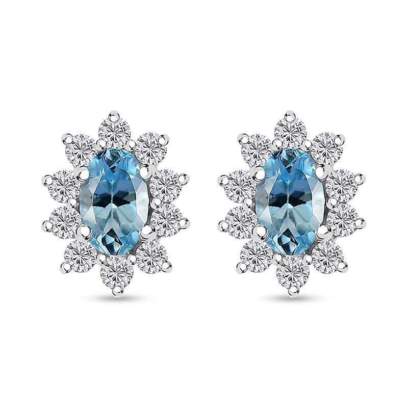Santa Maria Aquamarine and Moissanite 0.85 ctw Sunburst Earrings in Rhodium Over Sterling Silver
