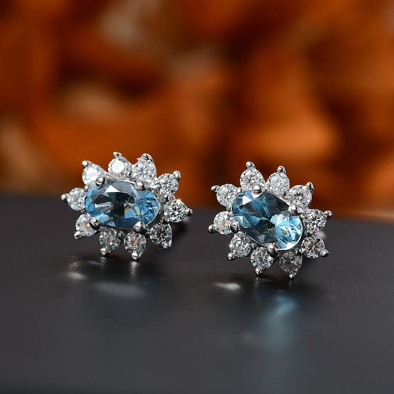 Santa Maria Aquamarine and Moissanite 0.85 ctw Sunburst Earrings in Rhodium Over Sterling Silver